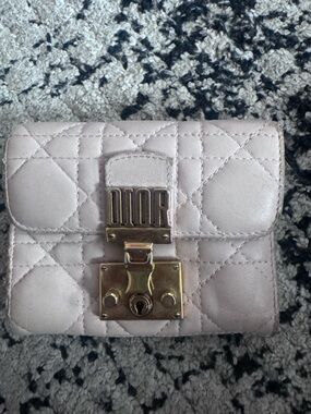 Dior beige Leather Card Wallet with gold Logo